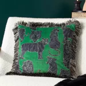 Wildcat Velvet Fringed Cushion Jungle Green, Jungle Green / 45 x 45cm / Polyester Filled