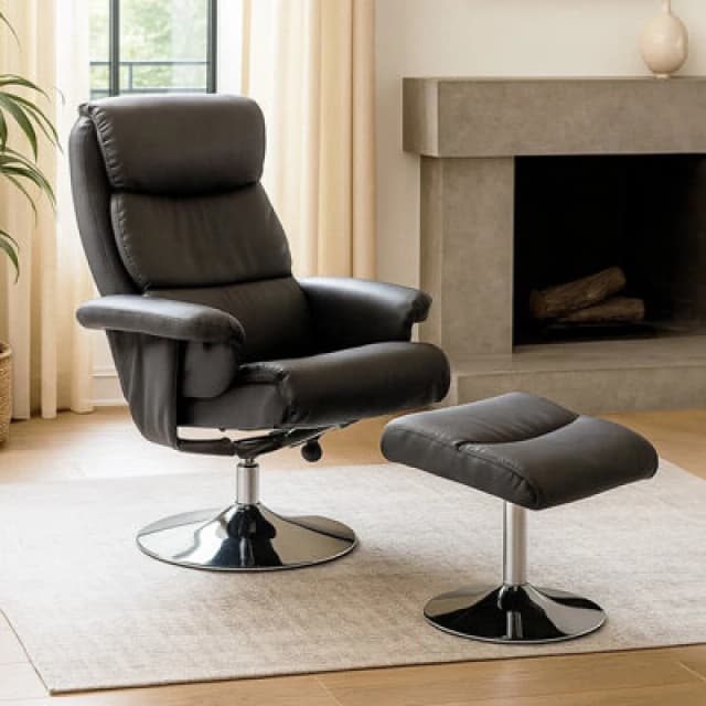 Orsina Grey Leather Effect Reclining Chair And Footstool, Easy To Clean Leather Chair, Comfy Footstool