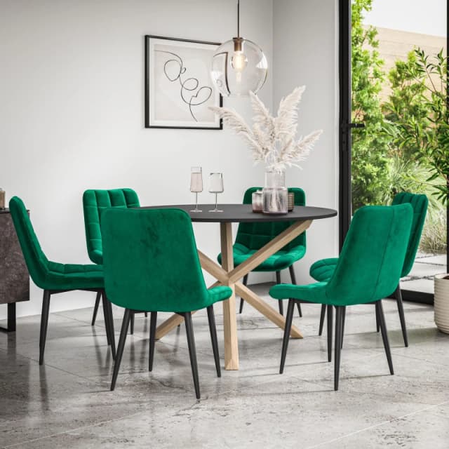 More4Homes Malvern Round Dining Table And Chairs - Black Table Top W Solid Oak Legs + Nova Velvet Dining Chair Set Of 6 (Green)