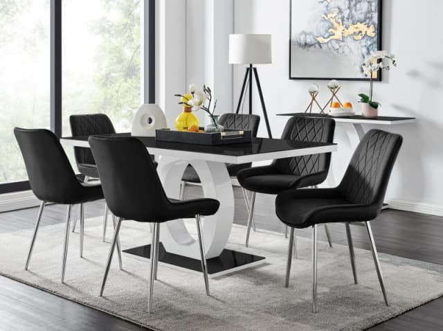 FurnitureboxUK FurnitureboxUK Giovani Rectangular 6 Seat White High Gloss Unique Halo Base Dining Table Black Glass Top 6 Soft Velvet Silver Leg Pesar
