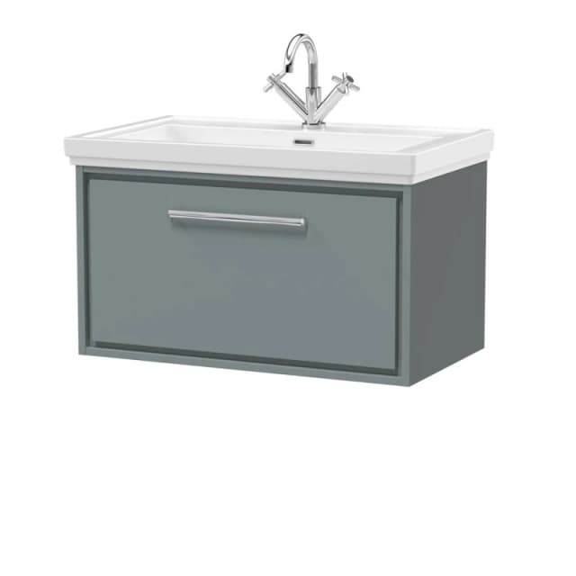 Balterley Modern Bathroom Wall Hung Single Drawer Vanity Unit With Fireclay Basin, Coastal Grey, 800mm