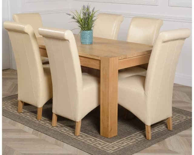Thats Furniture Kuba 150 x 85cm Chunky Medium Oak Dining Table & 6 Montana Leather Chairs in Cream Size: 150 x 85cm Cream Unisex 150 x 85 cm