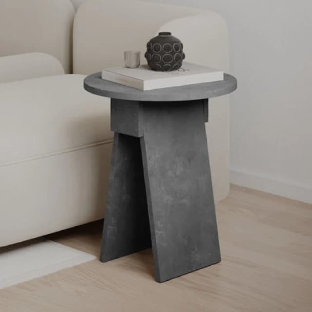 Decortie Modern Chen Side Table Retro Grey Round Shape Sturdy Particle Board 2 Legs Coffee Table 42(W)X42(D)X50(H)Cm Living Room