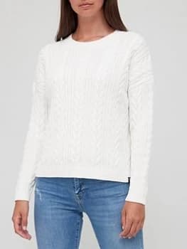 Superdry Dropped Shoulder Cable Knit Crew Neck Jumper - White, Size 12, Women