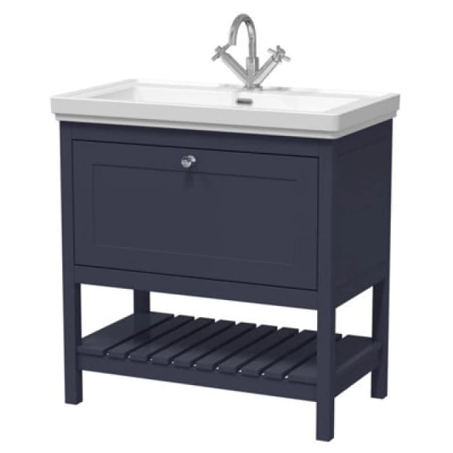 Balterley Bathroom Floor Standing 1 Drawer Vanity & Fireclay Basin, Blue, 800mm in Blue Blue Unisex