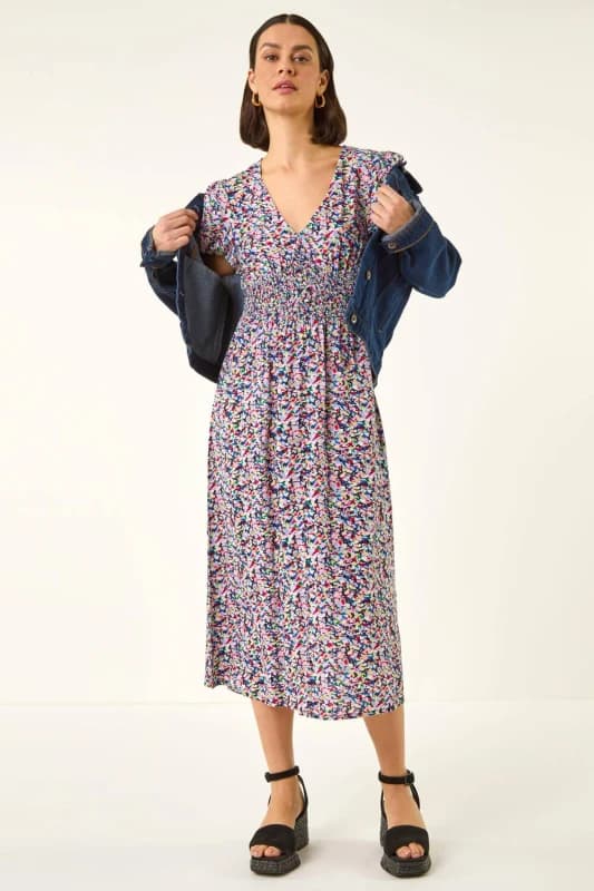 Roman Womens Abstract Print Shirred Midi Dress Size: 10 Multicolor Female 10