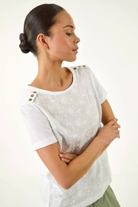 Roman Womens Petite Contrast Embroidered Top in Ivory Size: 18 Ivory Female 18