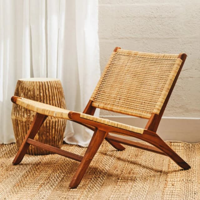 Orsina Teak Wood And Natural Rattan Lounge Chair, Low Profile Woven Armchair For Living Room, Chair With Wide Seat