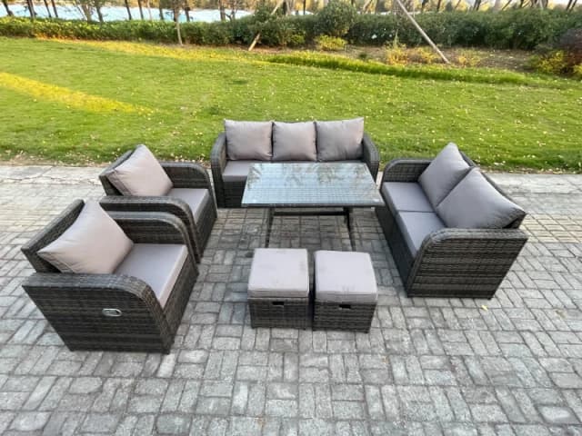 Fimous Outdoor Rattan Garden Furniture Set 9 Seater Patio Lounge Sofa Set with Dining Table 2 Small Footstools Dark Grey Mixed Dark Grey