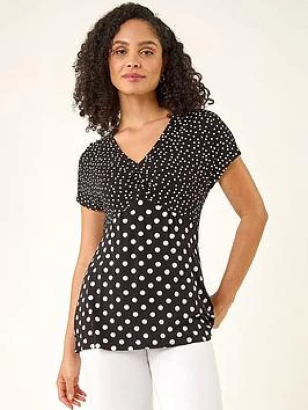 Roman Womens Contrast Polka Dot Gathered Top in Black Size: 10 Black Female 10