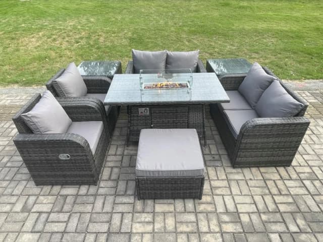 Fimous 7 Seater Rattan Garden Furniture Set Propane Gas Fire Pit Table and Sofa Chair set with 2 Side Tables Big Footstool Dark Grey
