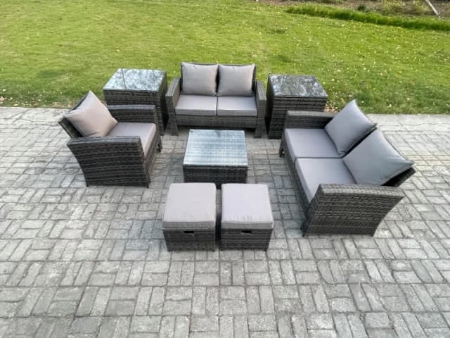 Fimous 7 Seater Outdoor Rattan Garden Furniture Set Conservatory Patio Sofa Coffee Table Set with Chair 2 Side Tables 2 Small Footstools in Dark Grey