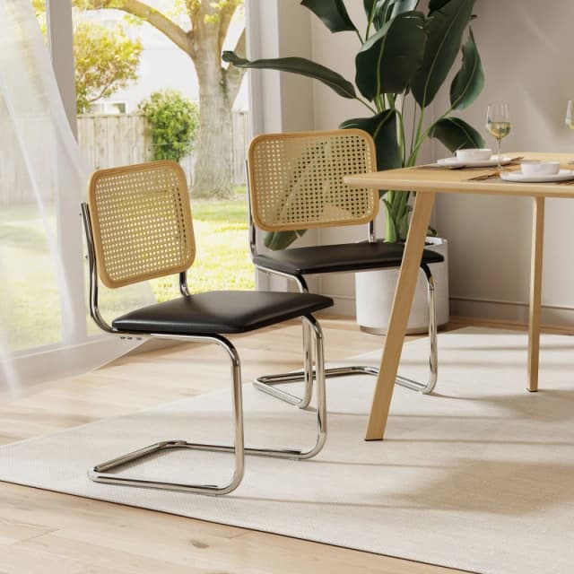 Vonhaus Dining Chairs Set Of 2, Rattan Cantilever Chairs For Dining Room, Mid Century Black Kitchen Chair With Chrome Frame