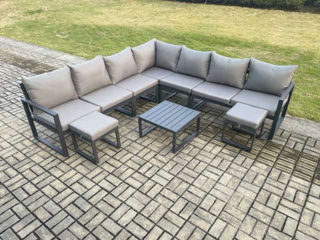 Fimous Outdoor Garden Furniture Patio Lounge Corner Sofa Aluminium Set with Square Coffee Table 2 Small Footstools Dark Grey Dark Grey Unisex