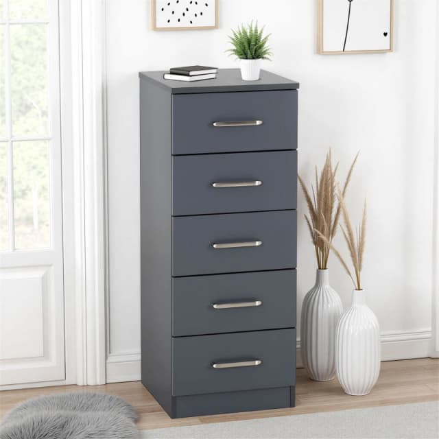 Seconique Dakota 5 Drawer Narrow Chest Of Drawers Dark Grey