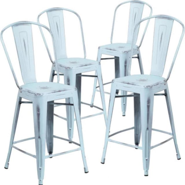 FWStyle FWStyle Set Of 4 24" Baby Blue Distressed Bar Stools Galvanised Steel Blue One Size Unisex 5056413131225
