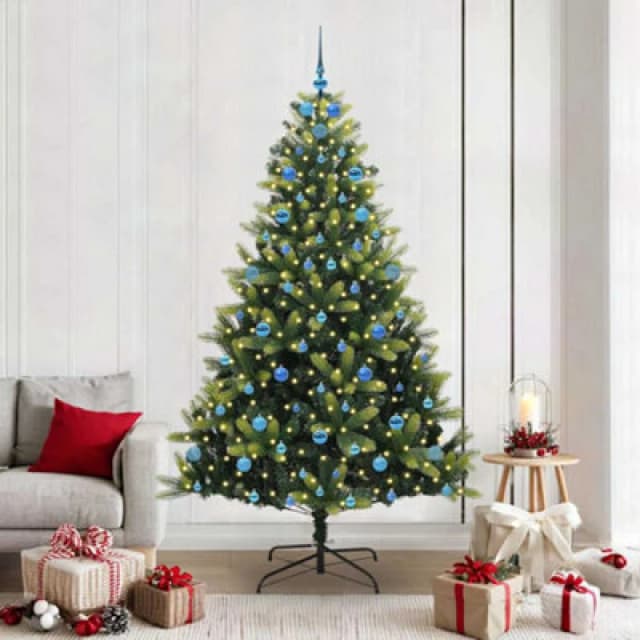 vidaXL Artificial Hinged Christmas Tree 300 LEDs, Blue Balls Green 210 cm, Green 3396007