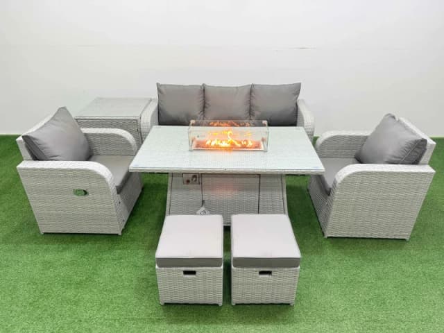Fimous PE Rattan Garden Furniture Set Reclining Chair Sofa Lounge Sofa Set Firepit Dining Table Side Table 2 Small Stools Light Grey Light Grey