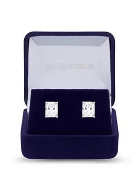 Rhodium Plated Cubic Zirconia Baguette Stud Earrings - Gift Boxed