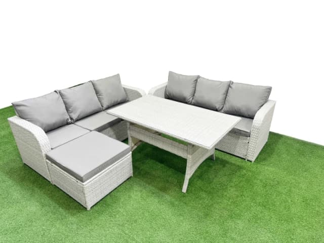 Fimous Outdoor Garden Furniture Sets 7 Seater Wicker Rattan Furniture Sofa Sets with Rectangular Dining Table high Back Lounge Sofa Big Footstool Ligh