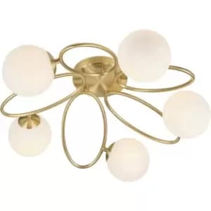 Semi Flush Multi Arm Ceiling 3 Light Fitting - Satin Brass & Opal Glass Shades