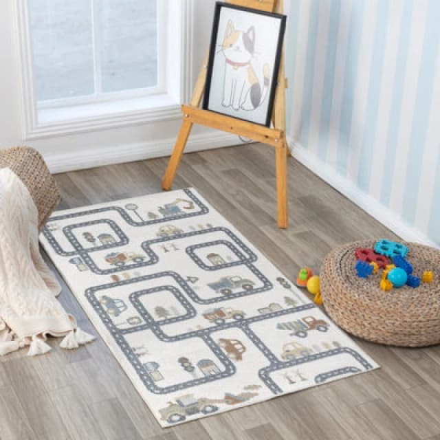 Livabliss Kids Machine Washable Beige/grey Bedroom Vroomville Area Rug 80 X 150 Cm - Easy Care, Soft & Safe Rug For Kids Spaces
