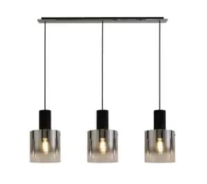Linear Ceiling Pendant, 3 Light Adjustable E27, Black, Smoke Fade Glass