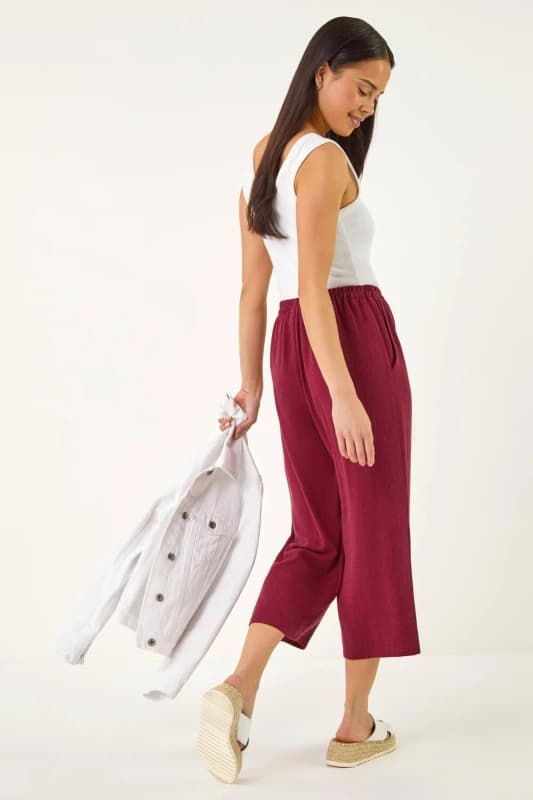 Roman Womens Petite Linen Mix Wide Cropped Trousers in Wine Size: 12 Wine Female 12