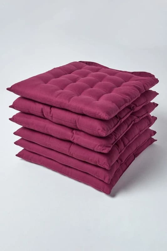 Homescapes Plum Seat Pads 100% Cotton Chair Cushions 40X40 Cm, Set Of 6 Plain Chair Pads For Dining, Kitchen Or Garden Outdoor