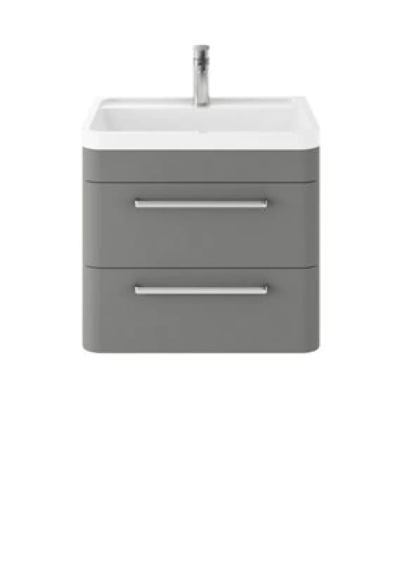 Nuie Hudson Reed Solar Wall Hung Vanity Unit With Polymarble Basin, Modern 2 Drawer Bathroom Sink Vanity Unit In Cool Grey, 600mm