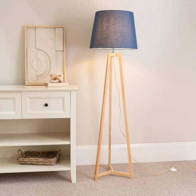 ValueLights Lottie Natural Wood Tripod Floor Lamp with Fabric Tapered Shade Blue