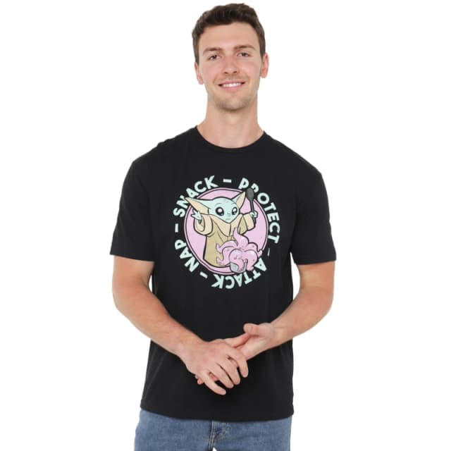 Star Wars Men Star Wars The Mandalorian Baby Yoda Grogu Protect Attack Nap Snack Mens T-Shirt Black Size: Small Black S Male 5052777759242