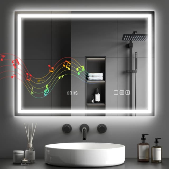 HOMCOM HOMCOM 600 x 800 mm Bathroom Mirror with Bluetooth Clock Lights Demister Pad in Silver Size: 800mm x 600mm Silver 800mm x 600mm Unisex 506360