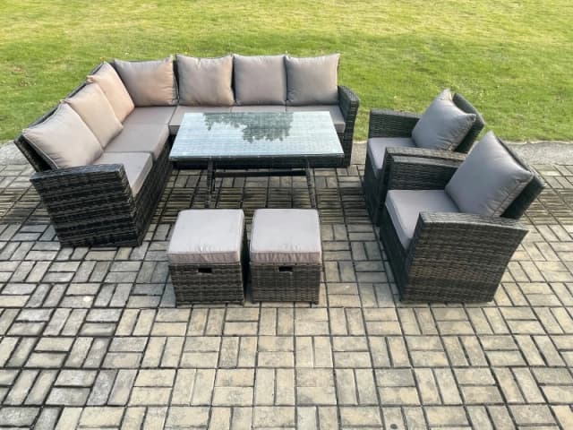 Fimous High Back Outdoor Garden Furniture Set Rattan Corner Sofa Dining Table Set With Armchairs Left Corner in Dark Grey Dark Grey Unisex