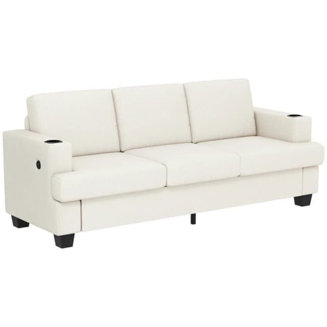 HOMCOM HOMCOM 3 Seater Sofa, Fabric Sofa with USB Ports and Cup Holders, Cream Cream 3 Seater Unisex 5063603723696