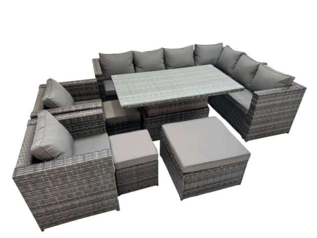 Fimous 11 Seater Rattan Corner Sofa Sets with 2 Chairs 3 Stool in Dark Grey Dark Grey Unisex