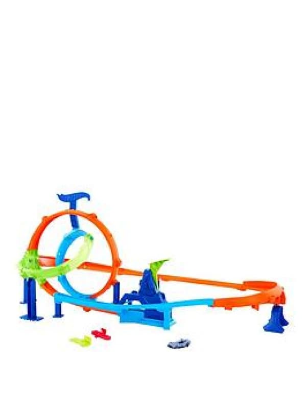 Hot Wheels Spielzeugauto Trackset Stunt Tracks Schnellstart-Looping-Spielset mit Die-Cast-Auto im Maßstab 1:64 2 Loopings und 2 Crashzonen Track-Sc