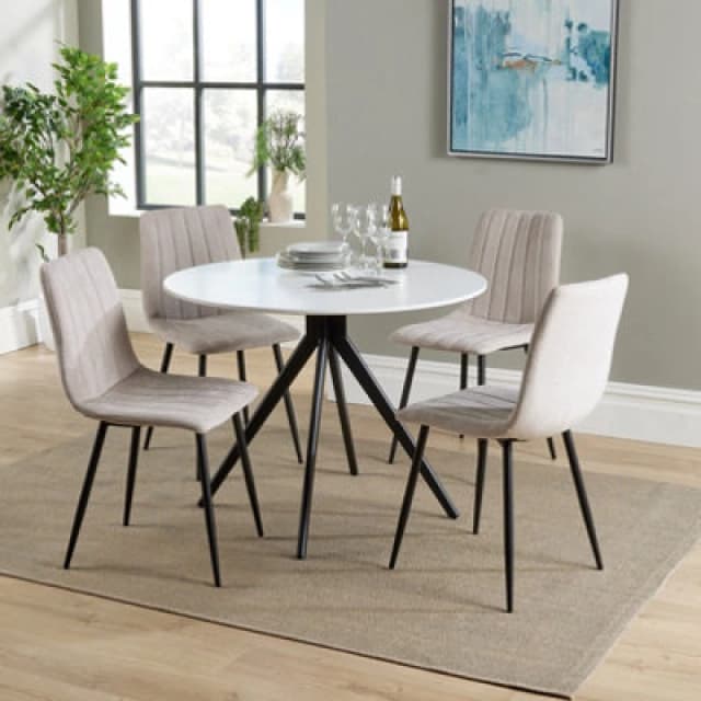 Core Products Aspen White 100Cm Round Dining Table With 4 Natural Fabric Straight Stitch Design Chairs