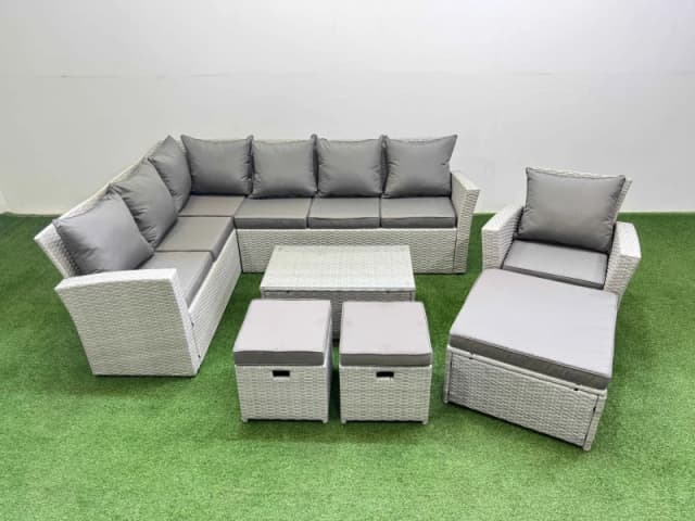 Fimous 10 Seater Garden Outdoor PE Rattan Furniture Set with 3 Stools in Light Grey Light Grey Unisex