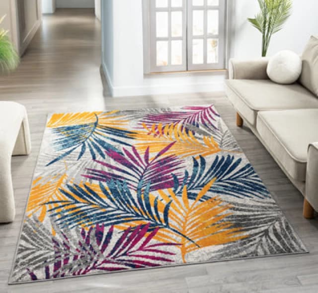 San Marino Modern Living Room Area Rug - Low Pile Leaf Design Muti Coloured 120Cm X 170Cm