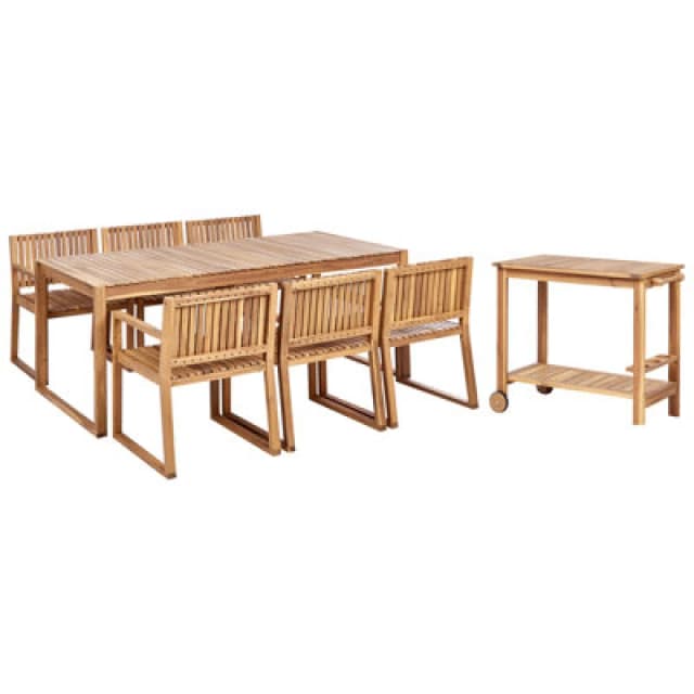 Beliani Garden Dining Set With Trolley 6 Seater Sassari Ii Certified Acacia Wood Light Brown