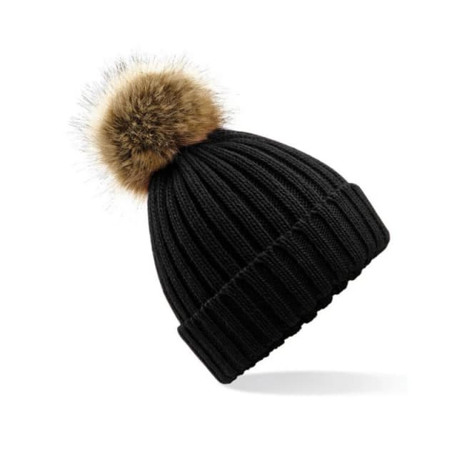 Beechfield Beechfield Men Pom Pom Faux Fur Chunky Knit Beanie in Black One Size Male 5063425299799