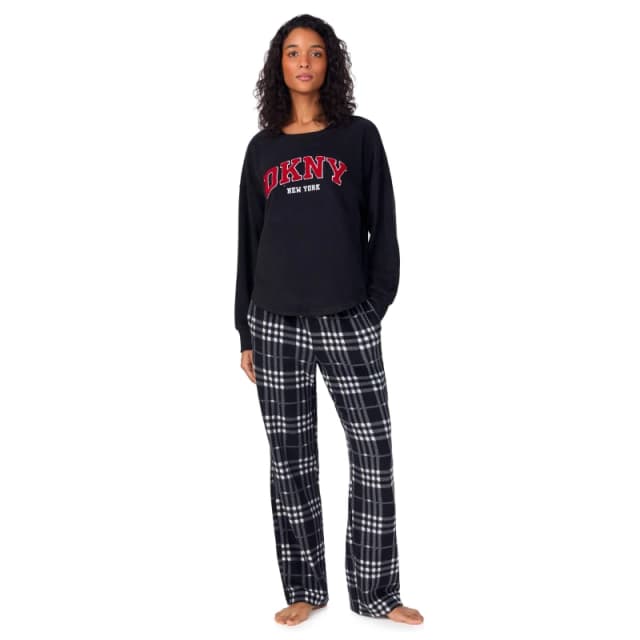 DKNY Womens Long Sleeve Pyjama Set Black Check female 8 (XS)