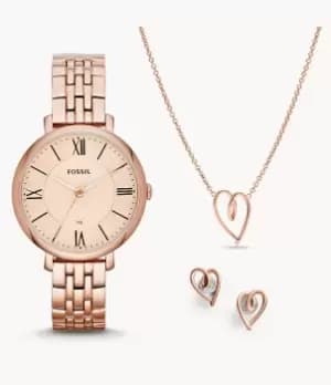 Fossil Women Jacqueline Three-Hand Date Rose Gold-Tone Stainless Steel Watch and Jewellery Set