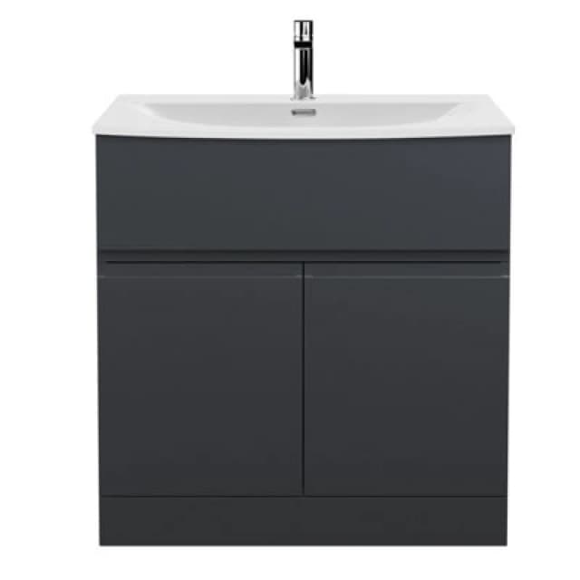 Hudson Reed Urban Floor Standing 2 Door 1 Drawer Vanity Unit With Curved Basin, Durable Modern Vanity Unit In Soft Black, 800mm