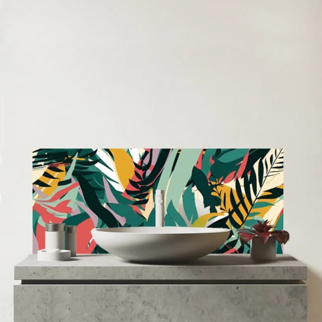 Warren Reed - Designer Coloured Tropical Leaves Glass Bathroom Splashback in Green Green Unisex