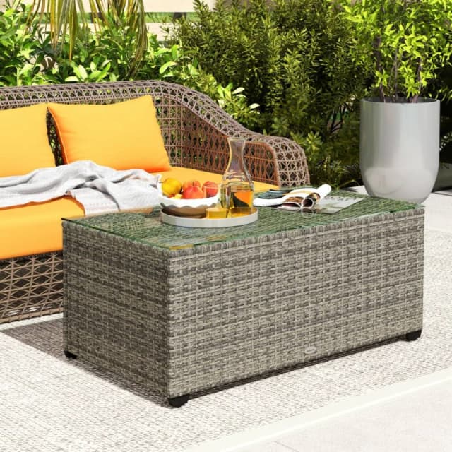 Outsunny Outdoor Coffee Table, Glass Top Rattan Side Table, Dark Grey Dark Grey