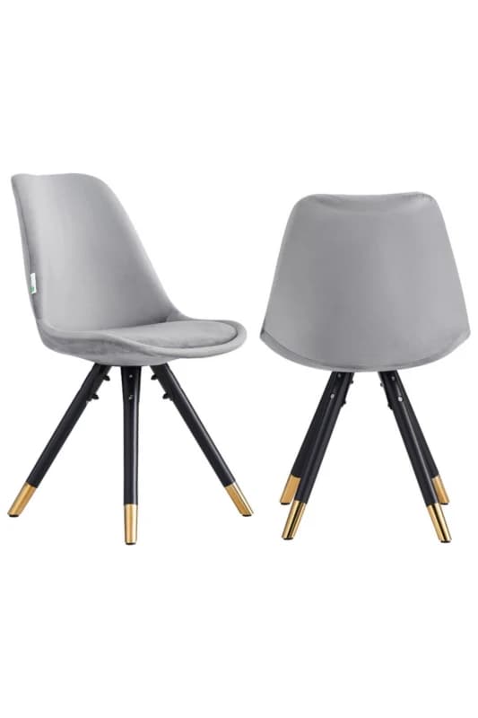 Life Interiors Life Interiors Set of 2 Sofia Ergonomic Modern Dining Chairs Upholstered in Velvet, Metal Legs with Gold End Caps in Light Grey Light G