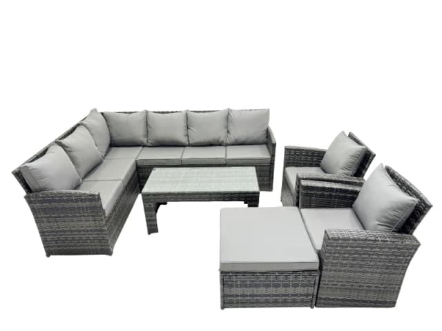 Fimous 9 Seat Poly Rattan Corner Sofa Set with Big Stool 2 Chairs in Dark Grey Dark Grey Unisex