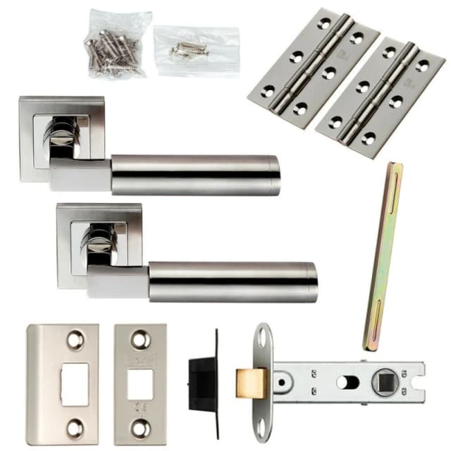 Loops Door Handle & Latch Pack Polished & Satin Steel Square Cut Bar Screwless Rose Metallics